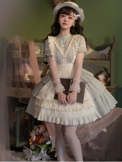 Green and Ivory Pastoral Fake Two-Piece Classic Lolita OP Dress