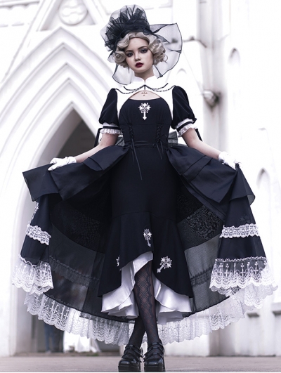 Black and White Nun Style Mermaid Two Piece Gothic Lolita OP Dress