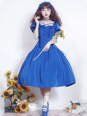 Klein Blue Elegant Cross Straps Short Sleeve A-Line Classic Lolita OP Dress