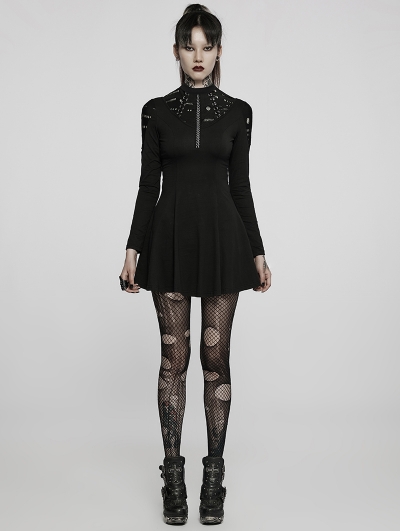 Black Gothic Punk Long Sleeve Chain Print Daily Wear Short Dress