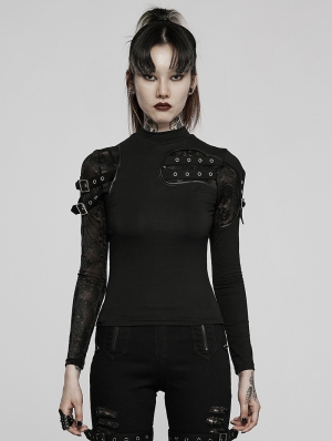 Black Gothic Punk Long Sleeve Skull Mesh T-Shirt for Women