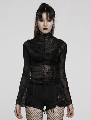 Black Gothic Simple Spliced Skull Long Sleeve T-Shirt for Women