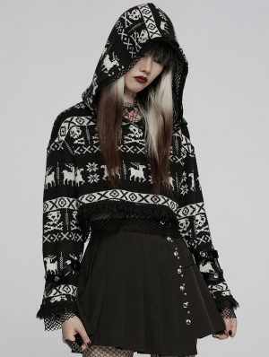 Black and White Gothic Cute Skull Hooded Short Sweater for Women