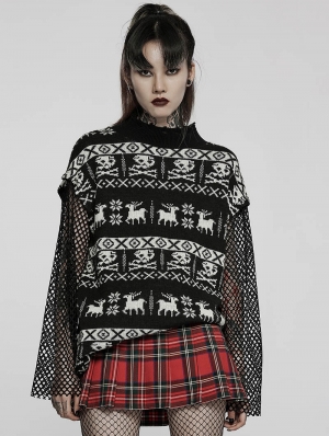 Black and White Gothic Punk Skull Pattern Loose Pullover for Women