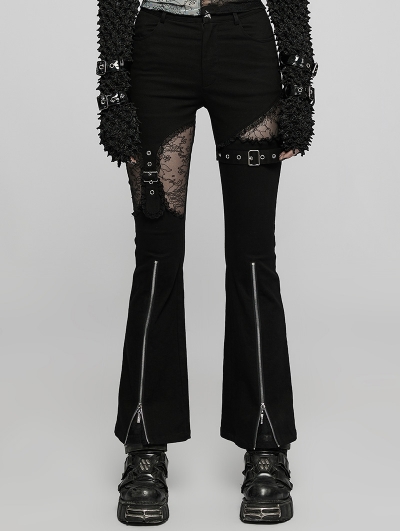 Black Gothic Punk Lace Splicing Long Flare Pants for Women