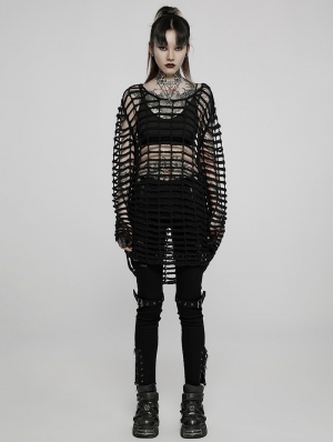 Black Gothic Oversize Mesh Loose Long Sweater for Women
