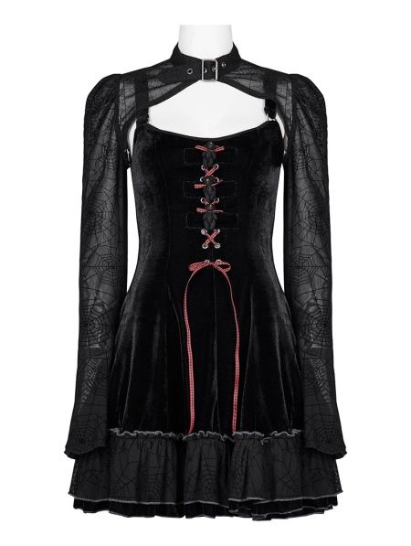 Black Gothic Two-Piece Velvet Spider Web Cool Girl Short Dress ...