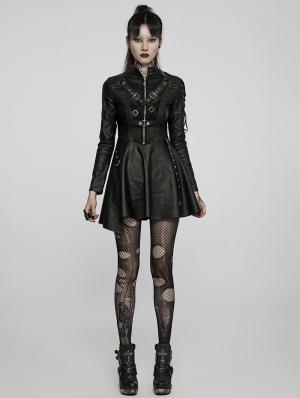 Black Gothic Punk Faux Leather Asymmetric Long Sleeve Short Dress