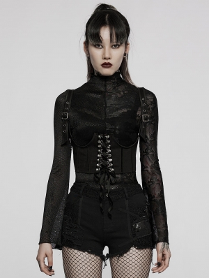 Black Gothic Punk Simple Lace-Up Denim Waistcoat for Women