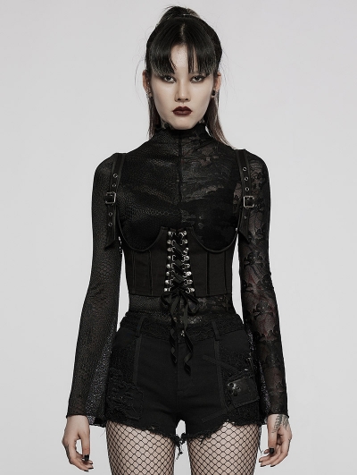 Black Gothic Punk Simple Lace-Up Denim Waistcoat for Women