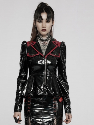 Black and Red Gothic Punk Military Stretch PU Leather Jacket for Women