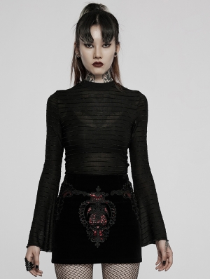 Black Gothic Daily Stripe Asymmetric Long Sleeve T-Shirt for Women
