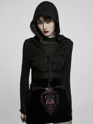 Black Gothic Hole Daily Short Hooded Jacket for Women