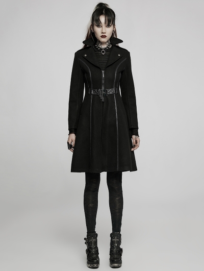 Black Gothic Punk Uniform Handsome Long Coat for Women