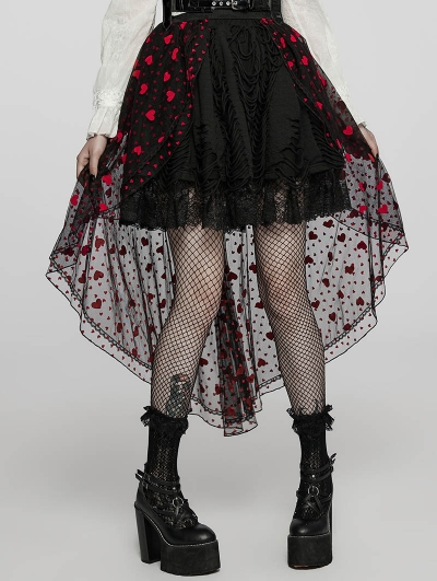 Black and Red Heart Gothic Dark Lolita High-Low Tulle Skirt Cover