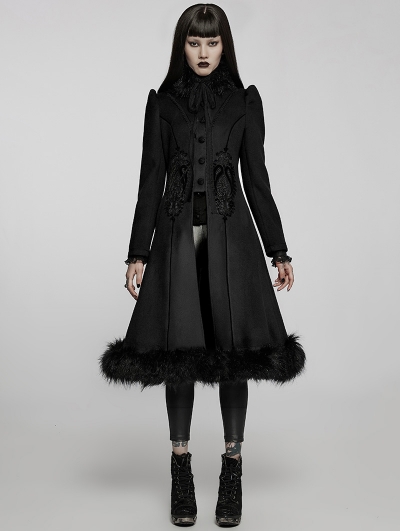 Black Women's Gothic Faux Wool Long Warm Coat with Detachable Collar
