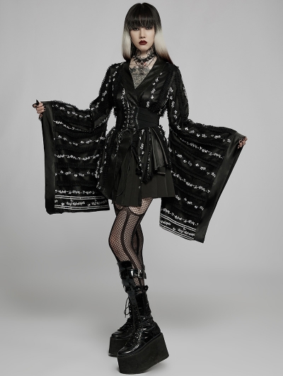 Black Gothic Embroidered Lace Kimono Dress for Women
