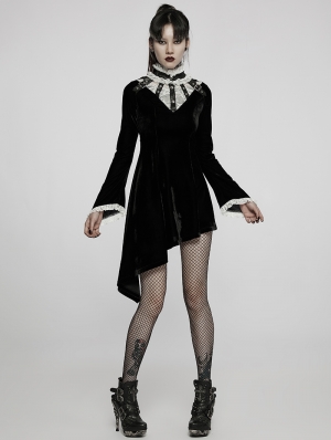 Black and White Gothic Velvet High Collar Long Sleeve Asymmetric Dress