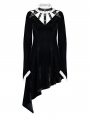 Black and White Gothic Velvet High Collar Long Sleeve Asymmetric Dress