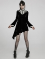 Black and White Gothic Velvet High Collar Long Sleeve Asymmetric Dress