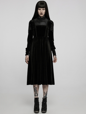 Black Gothic Vintage Lace Collar Velvet Long Sleeve Dress