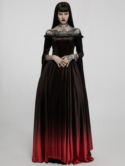 Black and Red Gothic Victorian Off-the-Shoulder Velvet Ball Gown