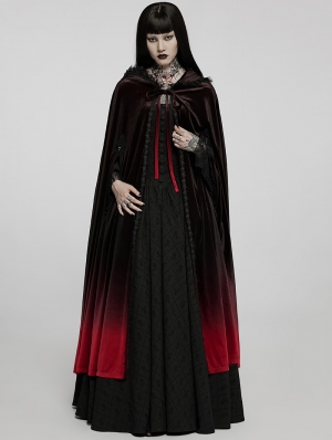 Black and Red Gothic Velvet Gorgeous Long Gradient Cloak for Women