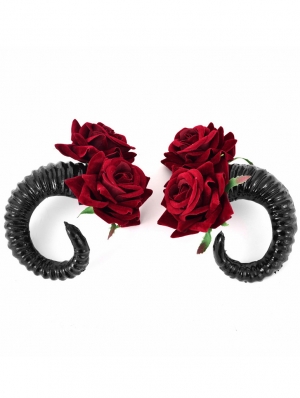 Red Rose Black Horn Lolita Gothic Hairpin