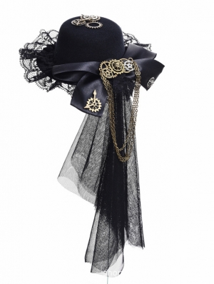 Black Victorian Steampunk Lolita Bow Hat Headdress with Veil