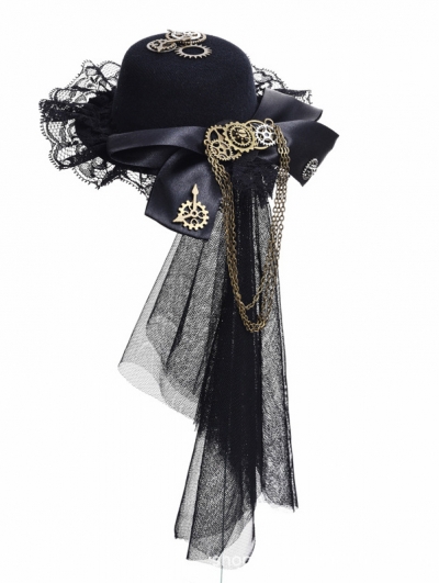 Black Victorian Steampunk Lolita Bow Hat Headdress with Veil