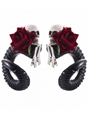 Black Gothic Lolita Rose Devil Horn Skull Hairpin