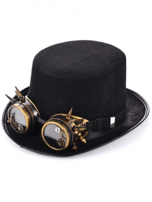 Black Steampunk Gear Goggles Wide Brim Unisex Top Hat