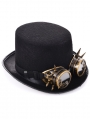 Black Steampunk Gear Goggles Wide Brim Unisex Top Hat