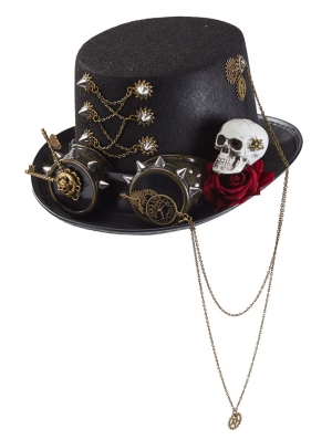 Black Gothic Gear Rivet Rose Skull Steampunk Top Hat