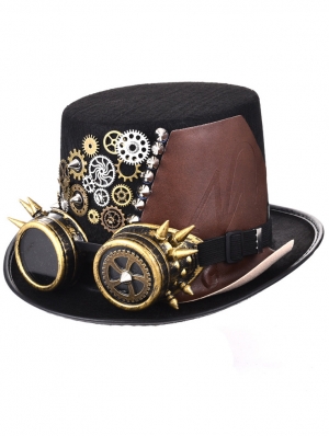 Black and Brown Gothic Gear Steampunk Top Hat with Goggles