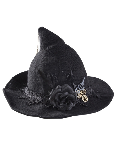 Black Gothic Rose Feather Gear Steampunk Halloween Witch Hat