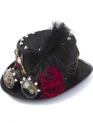 Black Gothic Punk Gear Rivet Rose Feather Goggles Top Hat