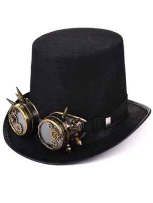 Black and Gold Rivet Goggles Steampunk Gothic Flat Top Hat
