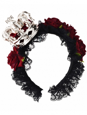 Black Lace Gothic Lolita Sweet Red Rose Crown Headband