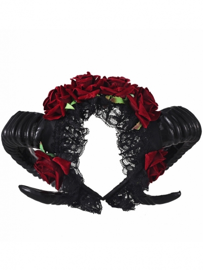 Dark Gothic Red Rose Black Lace Horned Headband