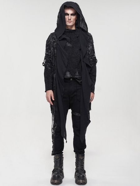 Black Gothic Punk Grunge Irregular Loose Hooded Trench Coat for Men ...