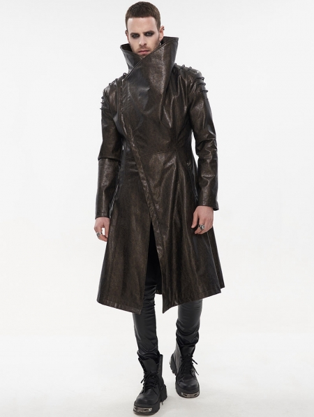 Bronze Gothic Punk Do Old Style PU Leather Long Coat for Men ...