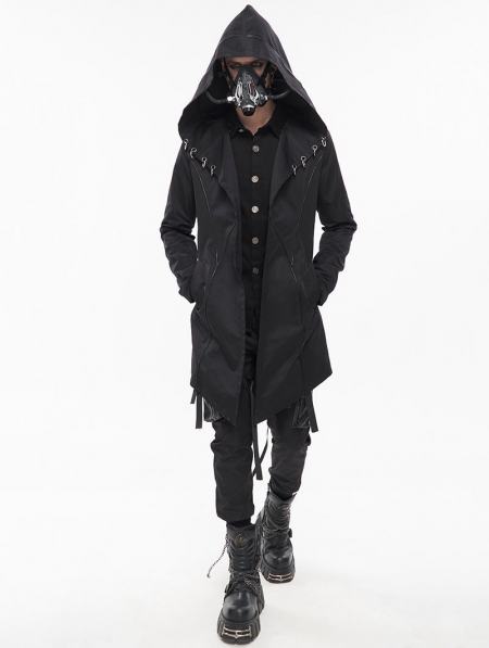 Black Gothic Punk Fashion Tail Hooded Trench Coat for Men