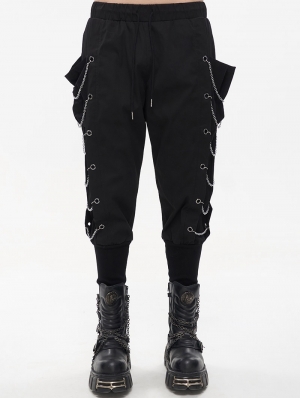 Black Gothic Punk Fashion Loose Chain Long Cargo Pants for Men