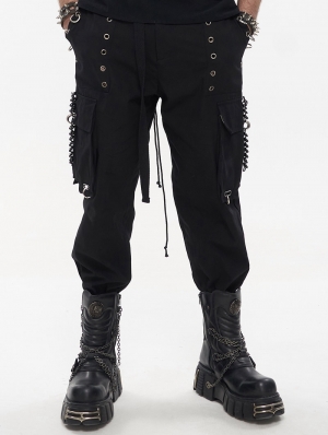 Black Gothic Punk Casual Rivet Hoop Long Cargo Pants for Men