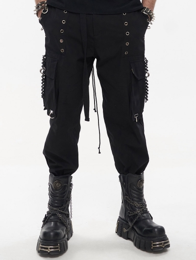 Black Gothic Punk Casual Rivet Hoop Long Cargo Pants for Men