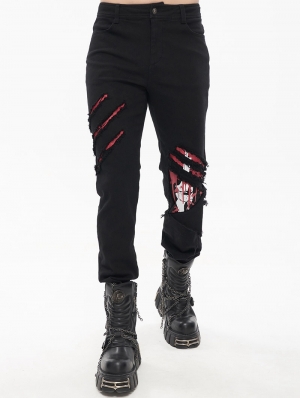 Black and Red Gothic Punk Ripped Pattern Slim Fit Long Trousers for Men