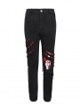 Black and Red Gothic Punk Ripped Pattern Slim Fit Long Trousers for Men