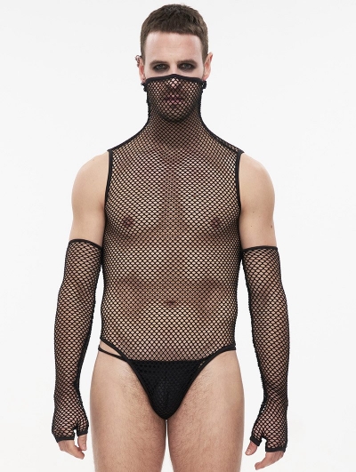 Black Gothic Mesh Sexy Top with Detachable Sleeves for Men