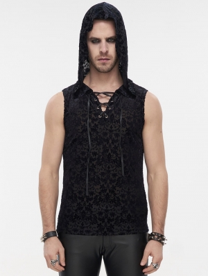 Black Gothic Vintage Jacquard Hooded Sleeveless T-Shirt for Men